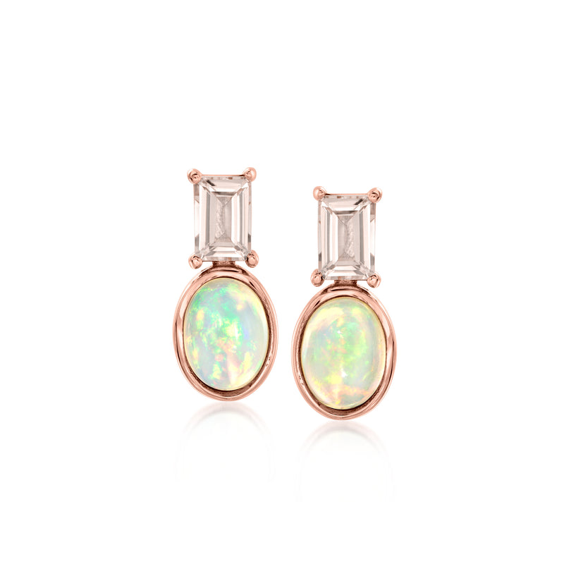 Rose gold stud earrings with oval opal and pink rectangular gemstone