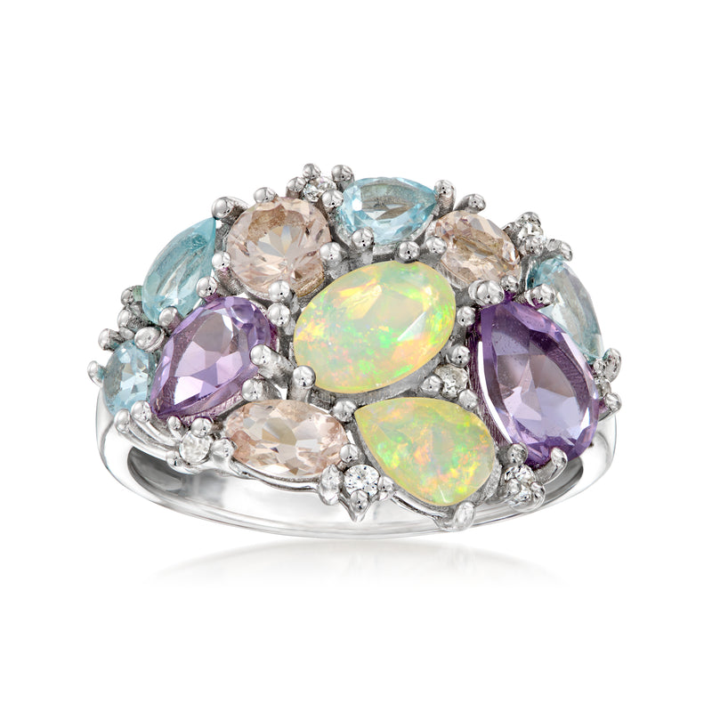 Sterling silver pastel gemstone cluster ring with opal-like center and oval accents