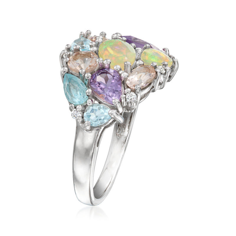 Sterling silver pastel multi-gem cluster ring, angled view with blue and purple stones
