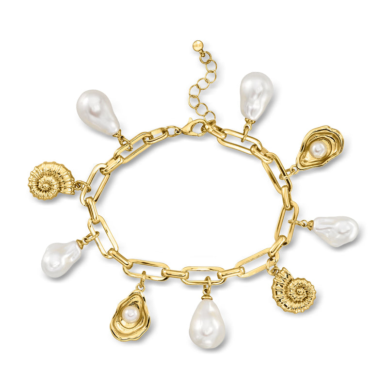 Gold-plated paper clip link bracelet with baroque pearl charms and seashell motif