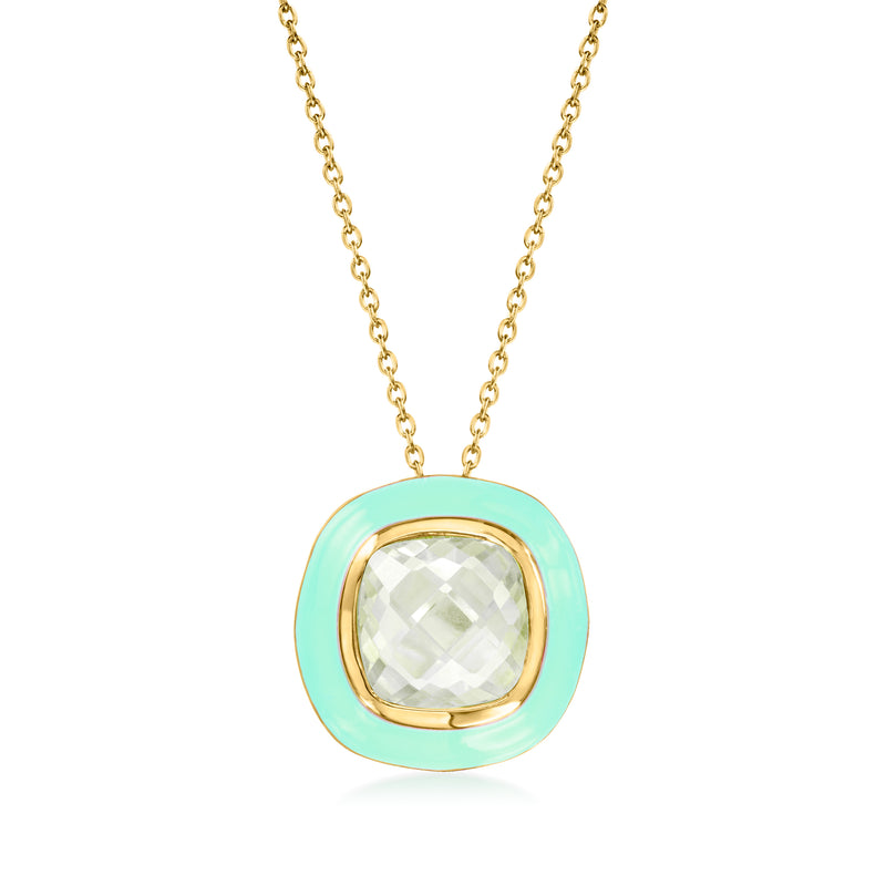 Round teal enamel pendant with light green faceted gemstone, on gold chain necklace