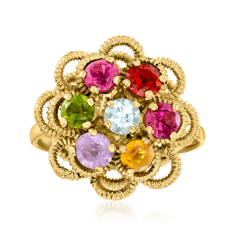 18k yellow gold flower ring with purple, pink, green, blue, and yellow gemstones
