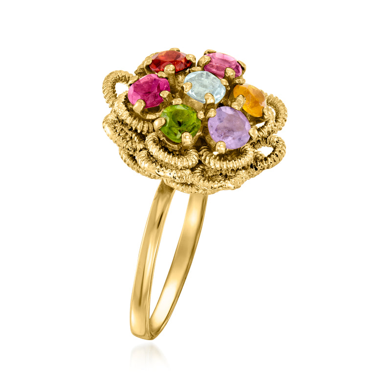 18k yellow gold flower ring with multicolor gemstones and openwork rope frame