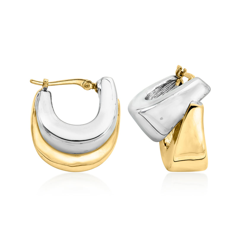 Two-tone gold and silver double hoop earrings, hinged hoop with two stacked loops