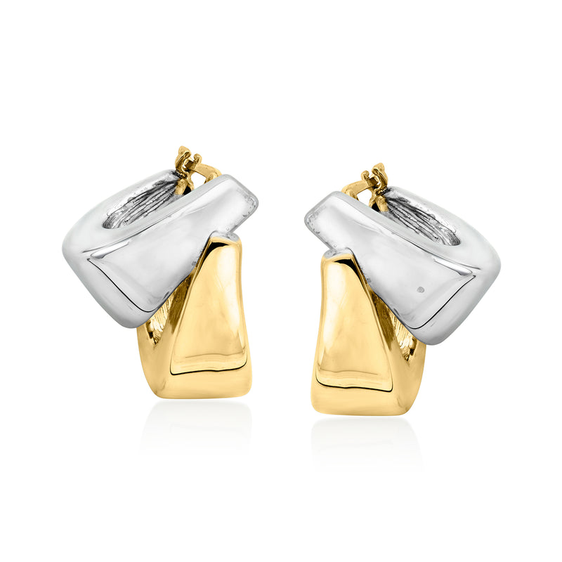 Two-tone gold and silver double hoop earrings, square inner hoop with textured top