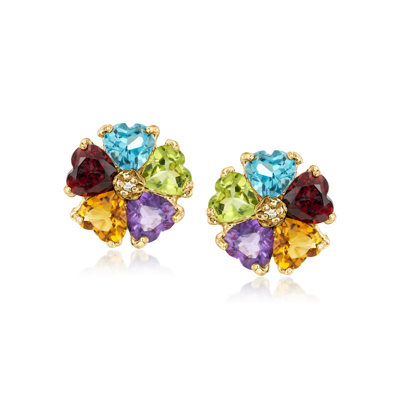 14kt yellow gold flower stud earrings with multicolor gemstones and small diamonds