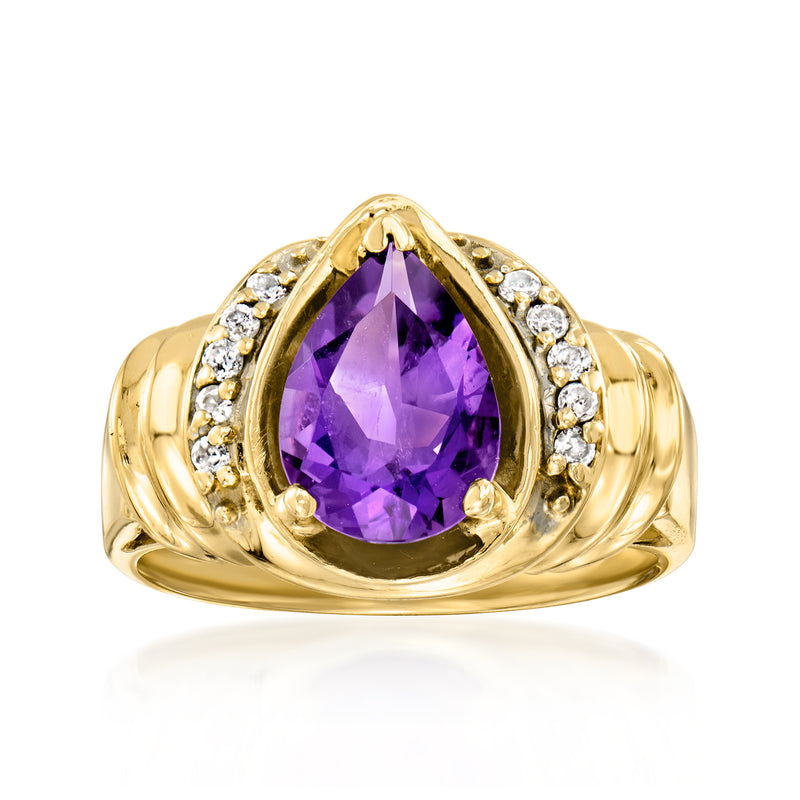 Yellow gold ring with faceted purple amethyst center and diamond side accents
