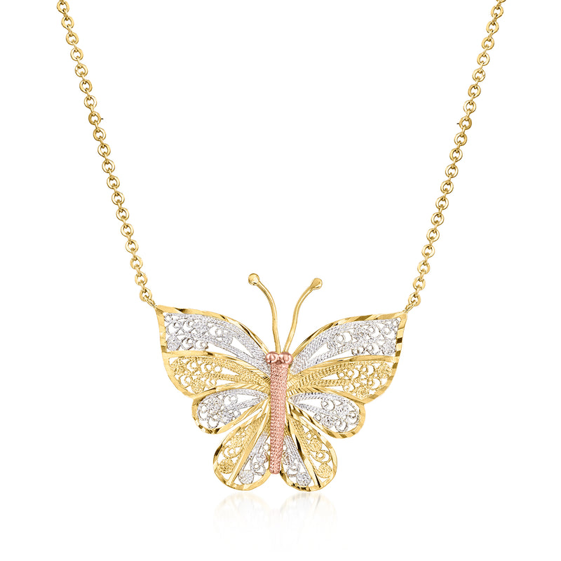 Tri-colored gold butterfly pendant necklace with sparkling stones, slim chain