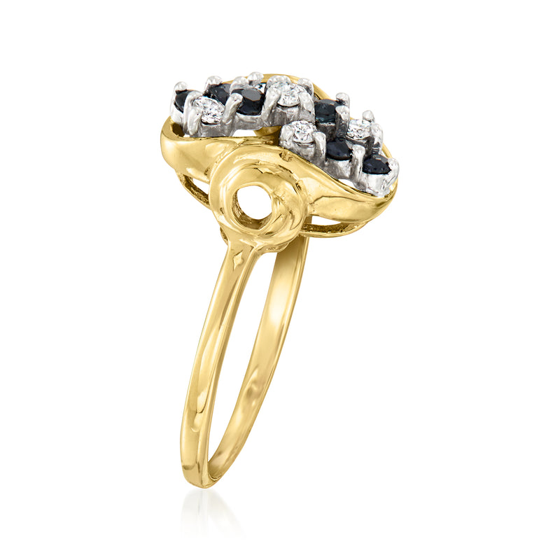 Yellow gold oval cluster ring with dark sapphire stones and diamond rows