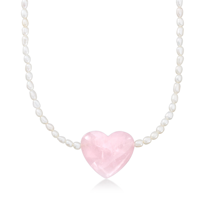 Cultured pearl necklace with rose quartz heart pendant, 18kt gold over sterling clasp