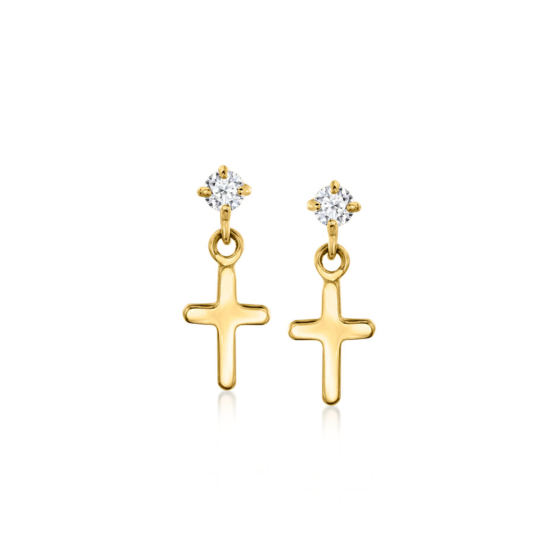 Yellow gold cross stud earrings with small diamond clusters, post style