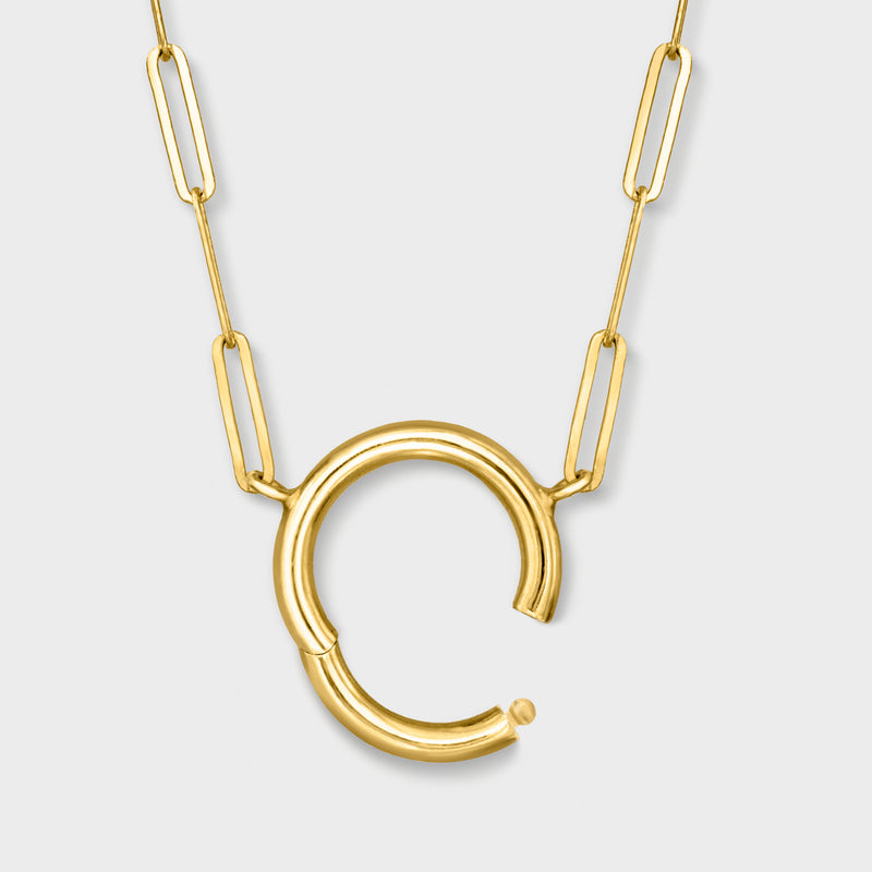 Yellow gold charm-compatible circle necklace with linked chain and open circle ring pendant
