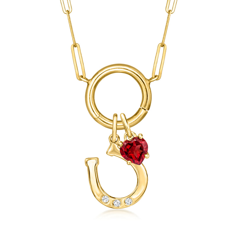 Yellow gold charm-compatible circle necklace with open circle ring plus red gemstone charm and studded U charm