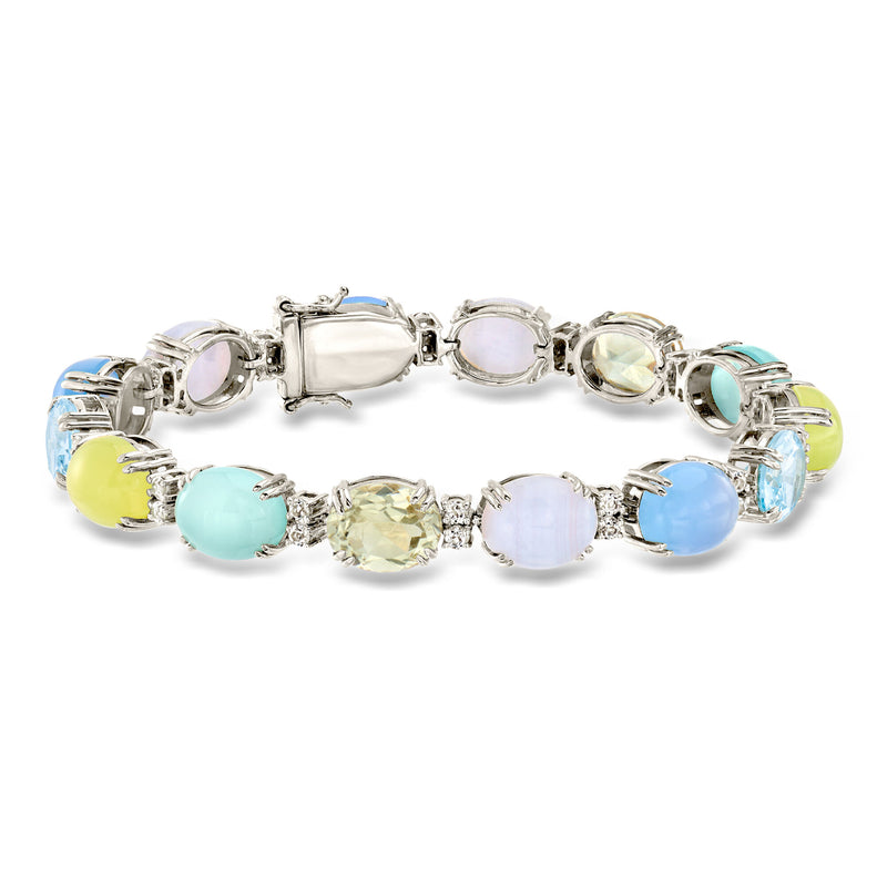 Sterling silver pastel multi-gemstone bracelet with oval and round stones, hinged clasp