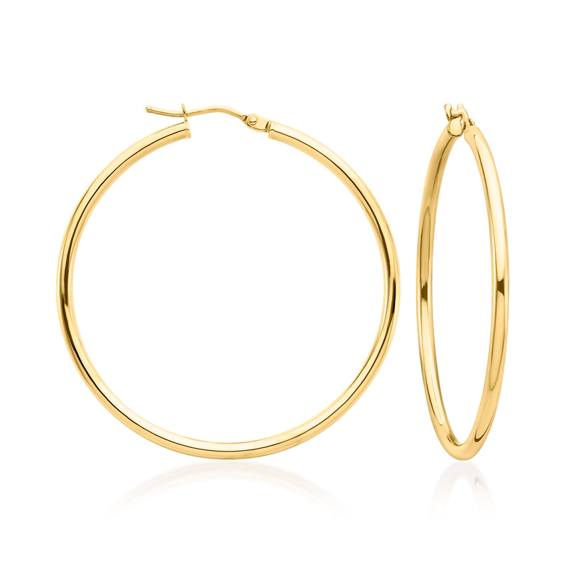 Yellow gold hoop earrings, round profile with hinged clasp, pair