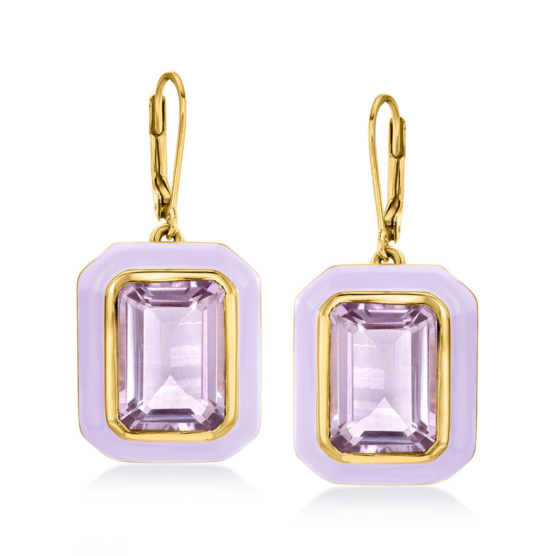 Gold over sterling leverback drop earrings with purple enamel and square amethyst stones