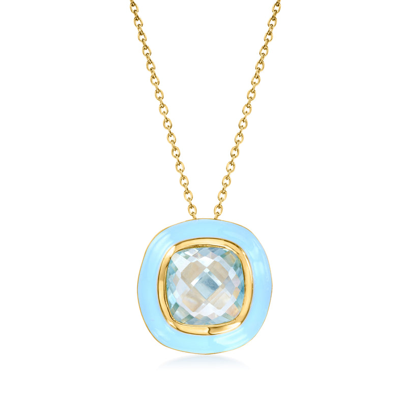 Gold pendant necklace with sky-blue enamel round setting and faceted light-blue gem