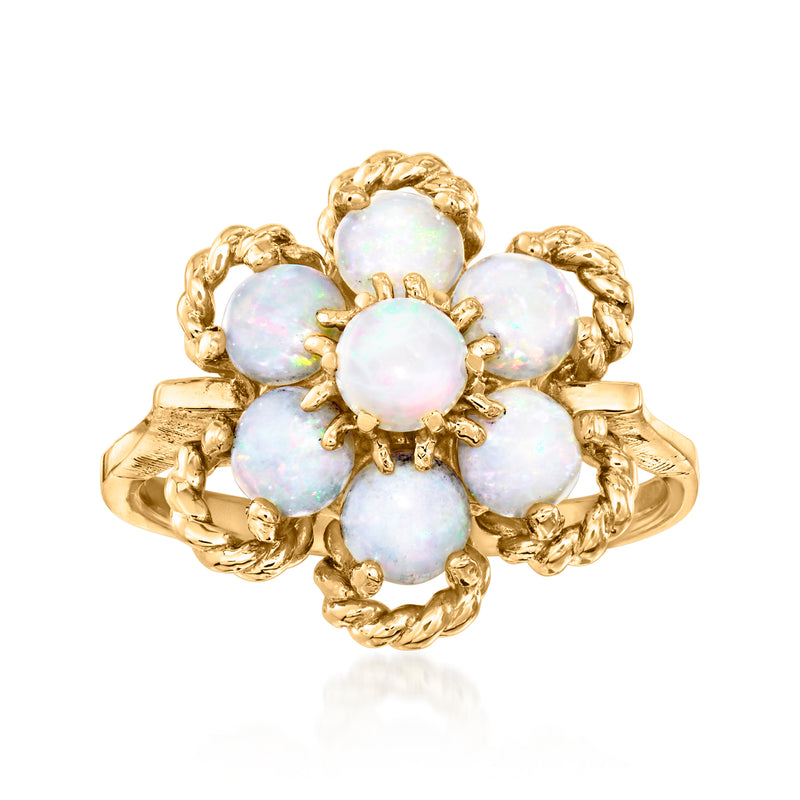 14kt yellow gold opal flower cluster ring with pear-cut white opal stones