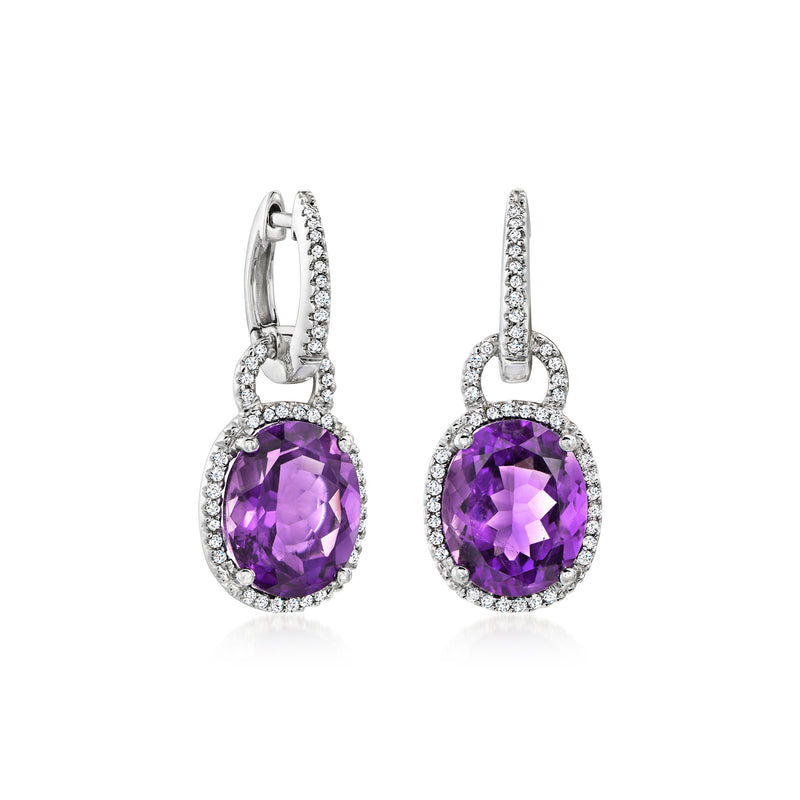 Amethyst and diamond white gold hoop drop earrings with oval purple gemstone halo