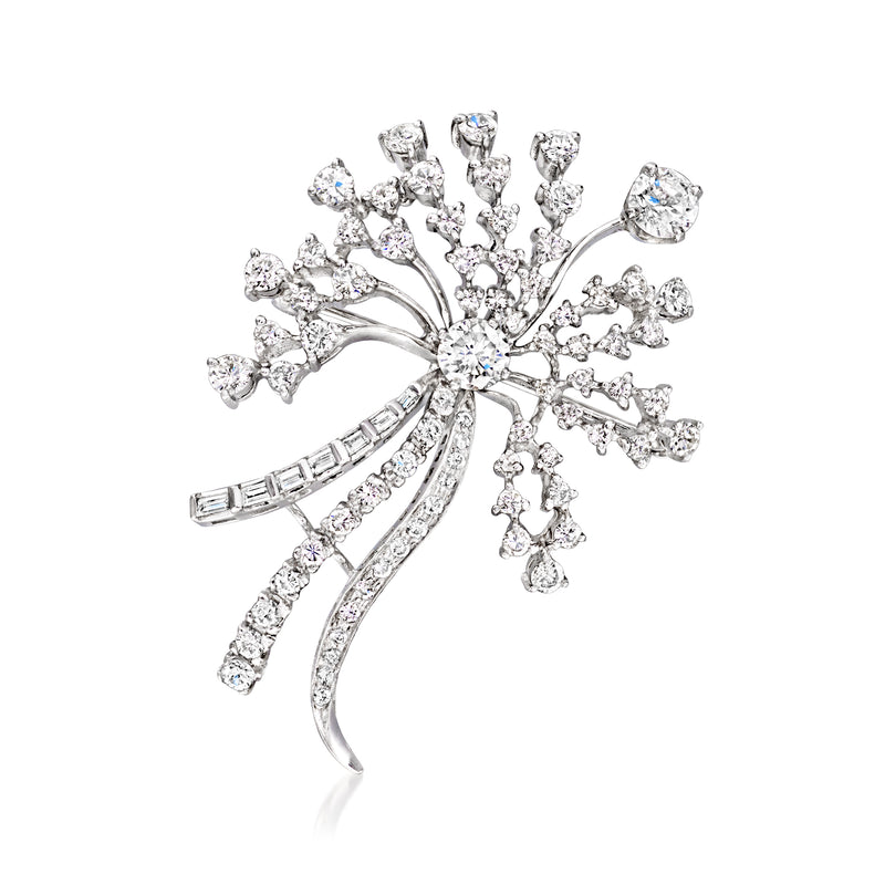 Diamond floral pin with ribbon-like center, 14kt white gold setting