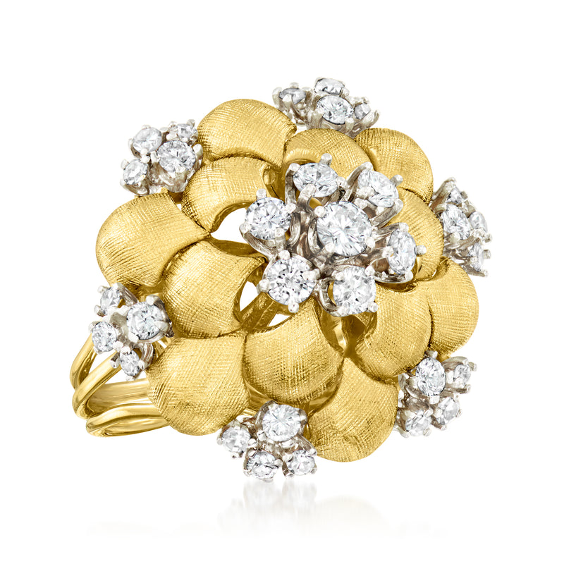 Top view diamond flower ring in 14kt yellow gold with halo cluster of round stones