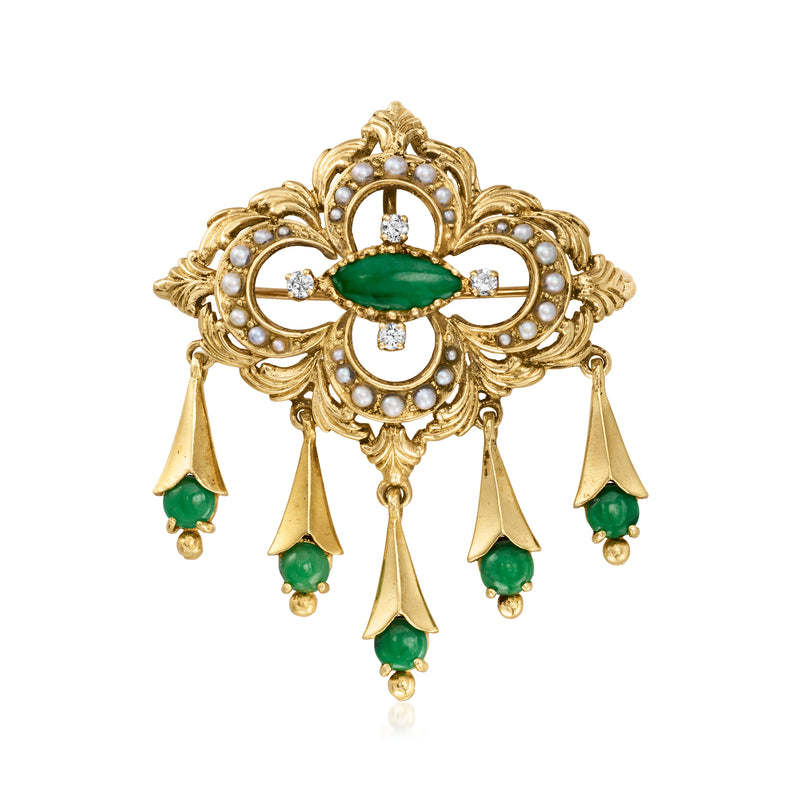 14kt yellow gold pin/pendant with green jade, seed pearls, diamond accents, dangling gold drops