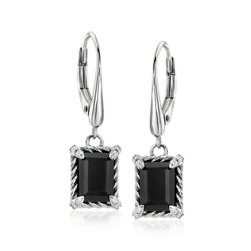 Sterling silver onyx drop earrings with leverback, black square stone and clear accents