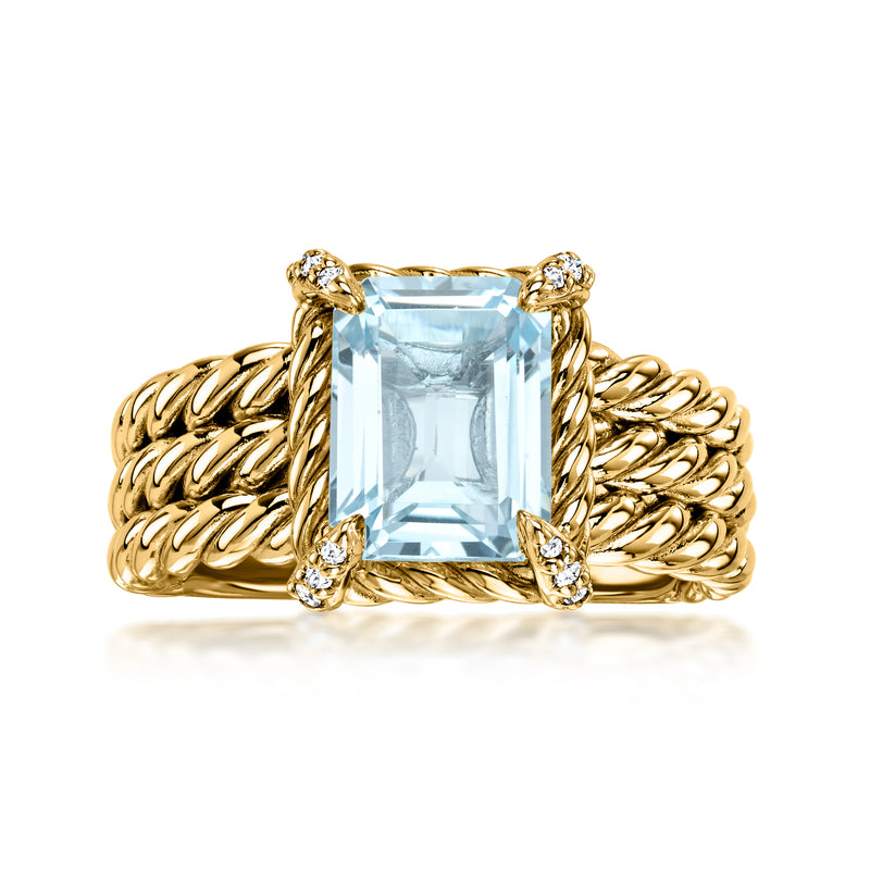 Sky blue topaz three-row ring in gold tone with white stone accents