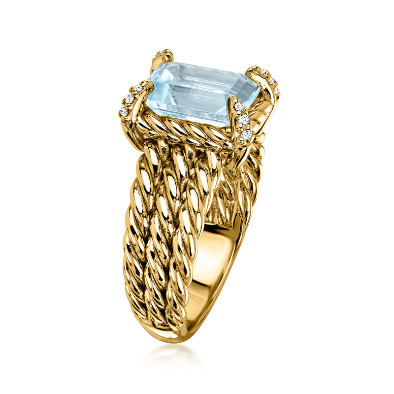 Gold tone three-row topaz ring with large sky blue emerald-cut center stone