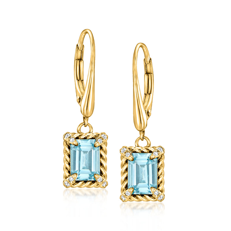 18kt gold over sterling drop earrings with square sky blue topaz and white halo stones