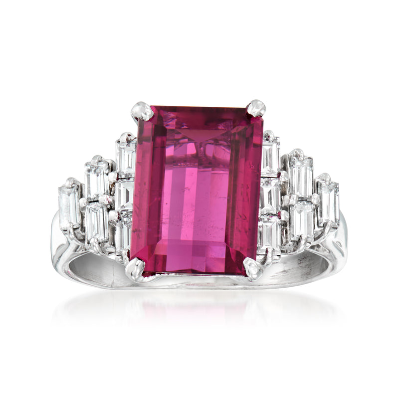Pink tourmaline and diamond ring in white gold, square gemstone with baguette accents