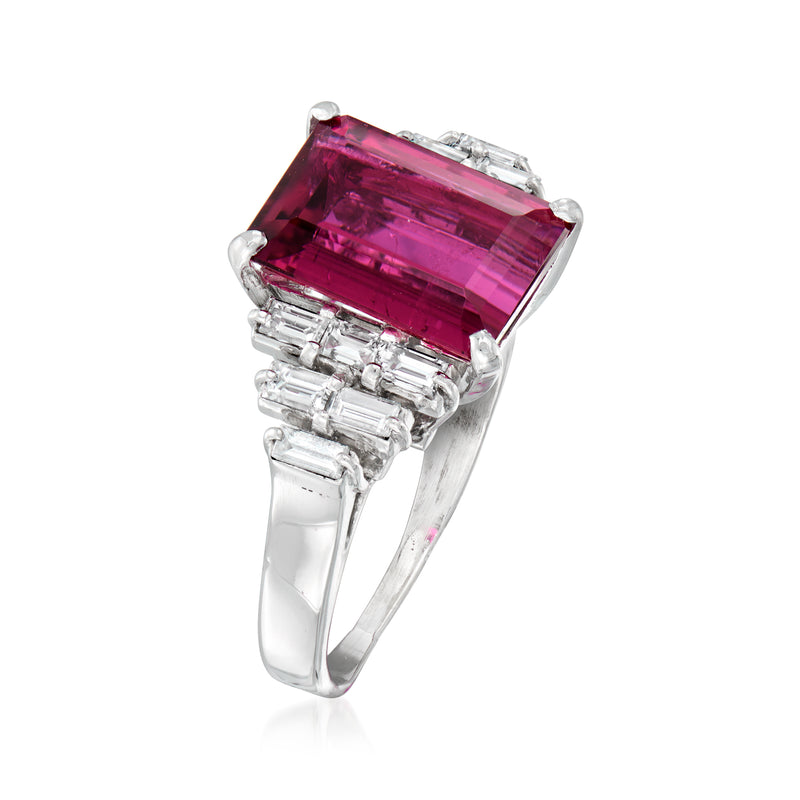 Pink tourmaline and diamond ring in white gold, side view with baguette diamond band