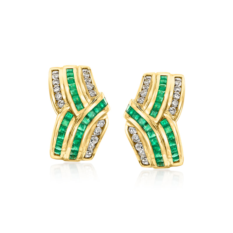 Curved 18k yellow gold earrings with green enamel stripes and diamond accents.