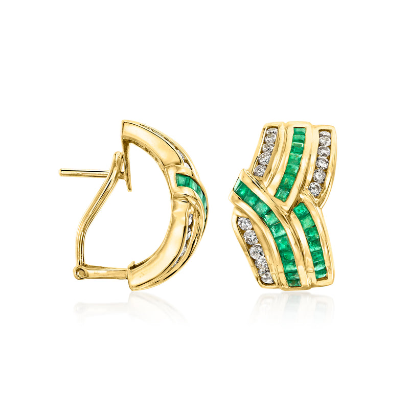 Curved 18k yellow gold clip-post earrings with green enamel inlay and diamond accents.