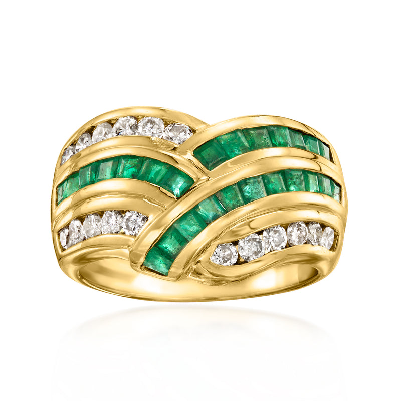 Yellow gold V-shaped ring with green emerald inlays and round diamond accents