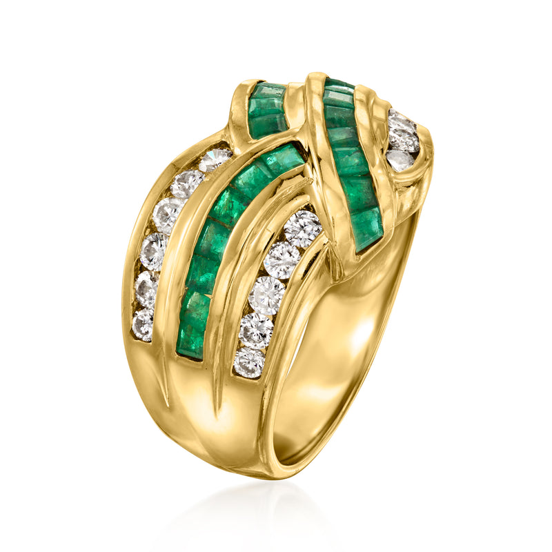 18kt yellow gold V-shaped ring with emerald and diamond rows