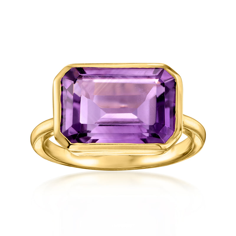 Gold ring with east-west amethyst gemstone in a square bezel setting