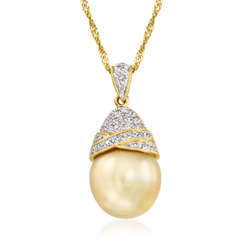 Gold pearl pendant necklace with diamond-set cap and rope chain