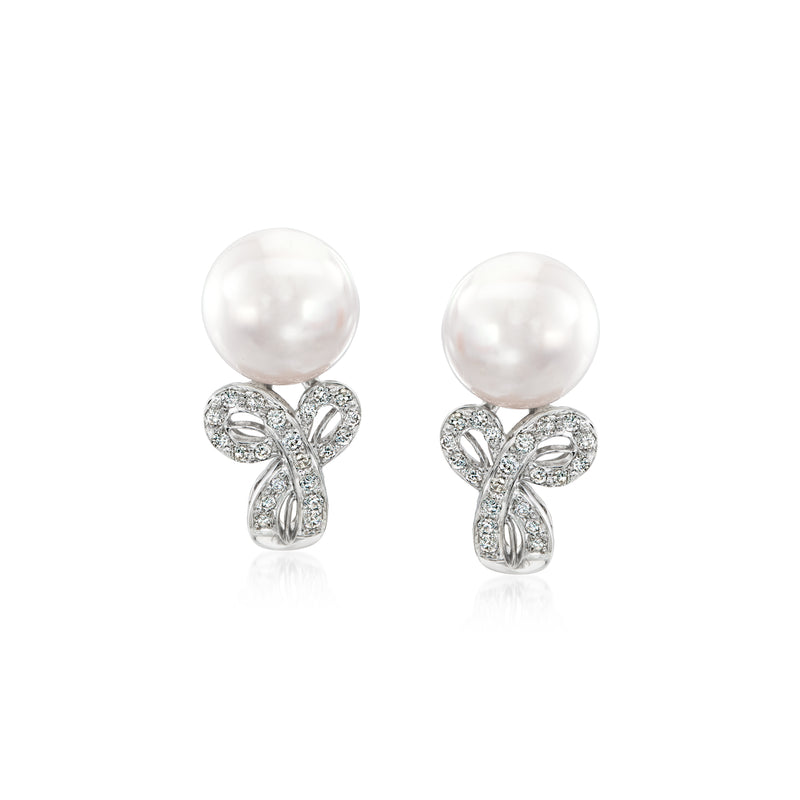 Cultured pearl and diamond swirl earrings in white gold, round pearl with stud tops