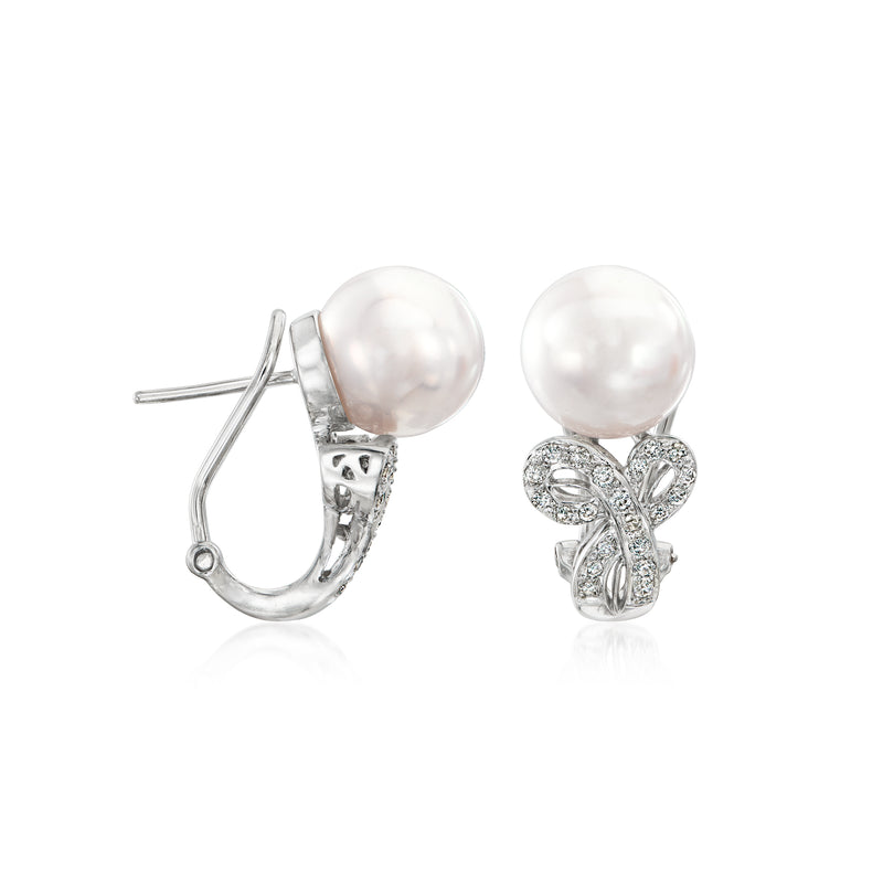 Cultured pearl and diamond swirl earrings in white gold, with post backs and frames