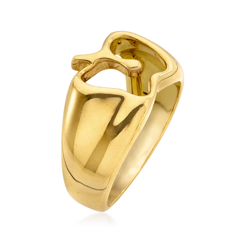 18kt yellow gold apple-shaped ring, side view with sculpted open center