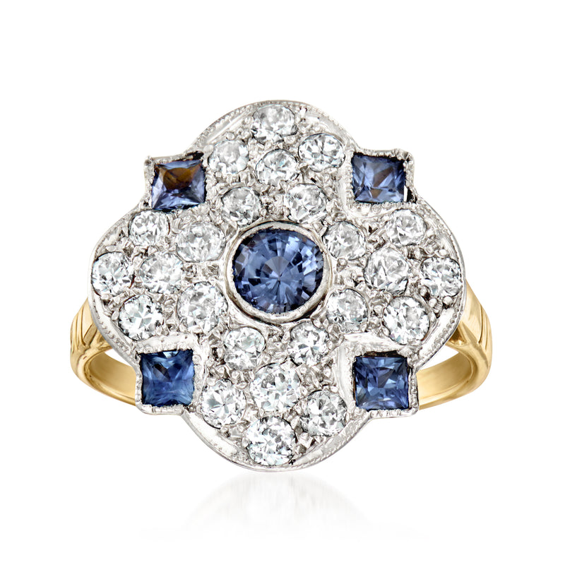 Platinum and 18kt yellow gold vintage ring with blue sapphires and diamond clusters