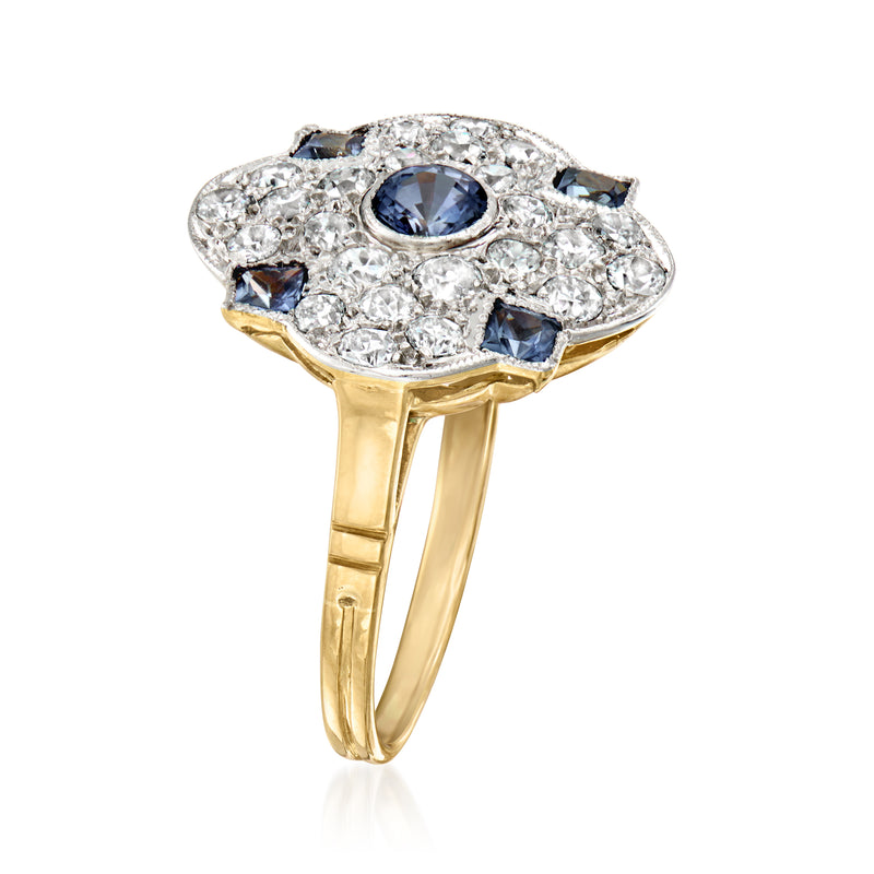 Vintage sapphire and diamond cluster ring in platinum with yellow gold band