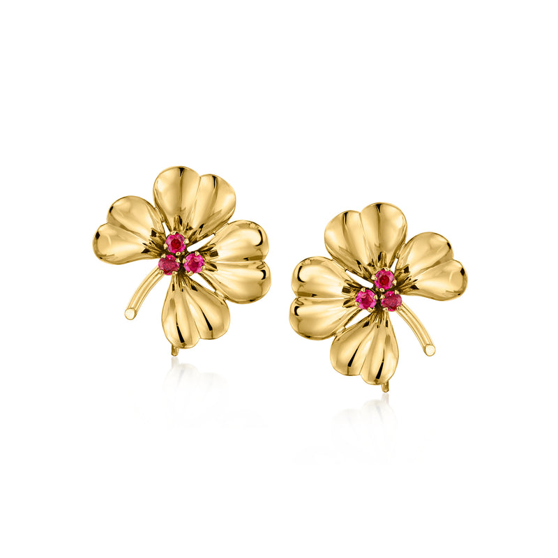 Gold flower clip earrings with pink ruby center in 14kt yellow gold