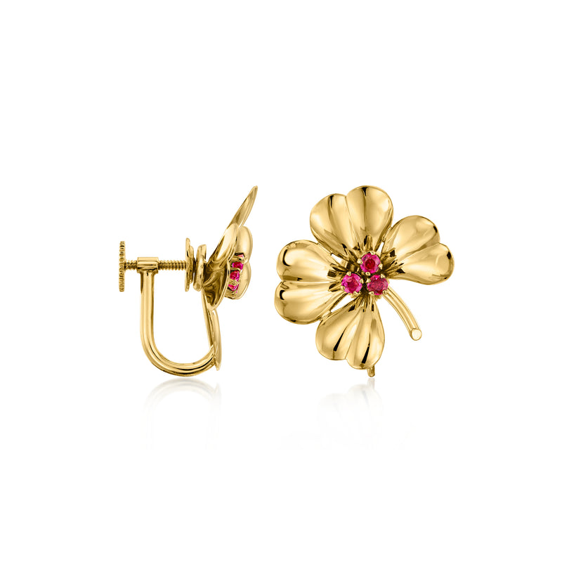 Gold flower clip earrings with pink ruby center and hinged clasp, side view