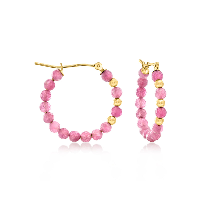 Gold hoop earrings with pink tourmaline bead rows and small gold round accents