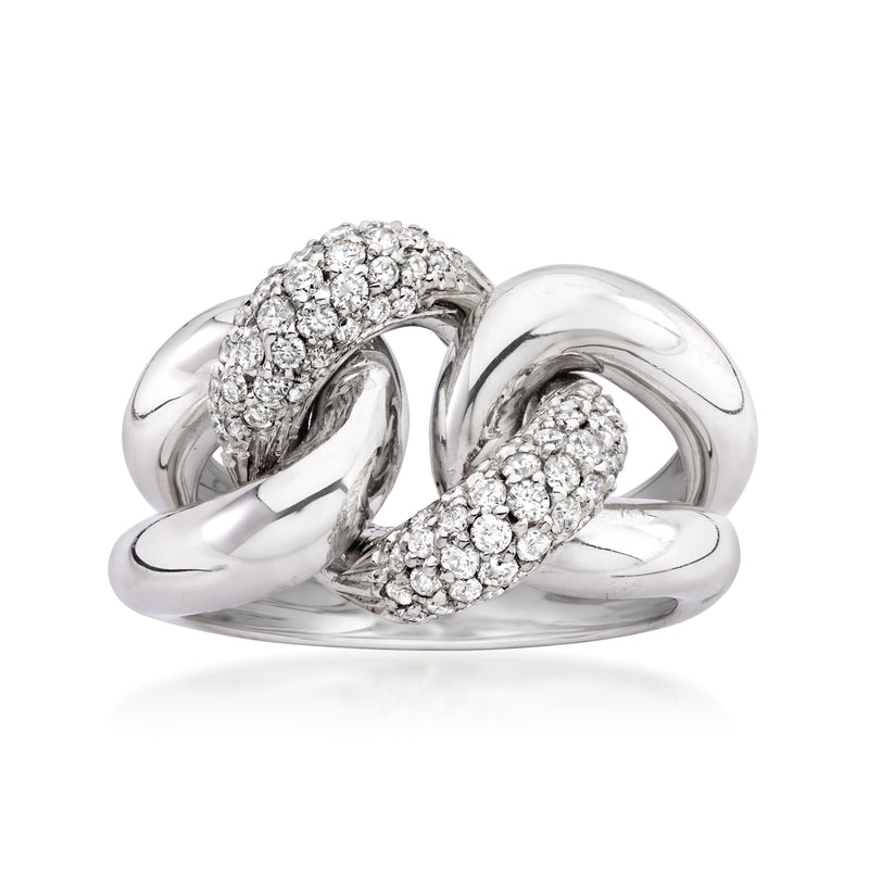 18kt white gold diamond link ring with three diamond clusters in a braided design