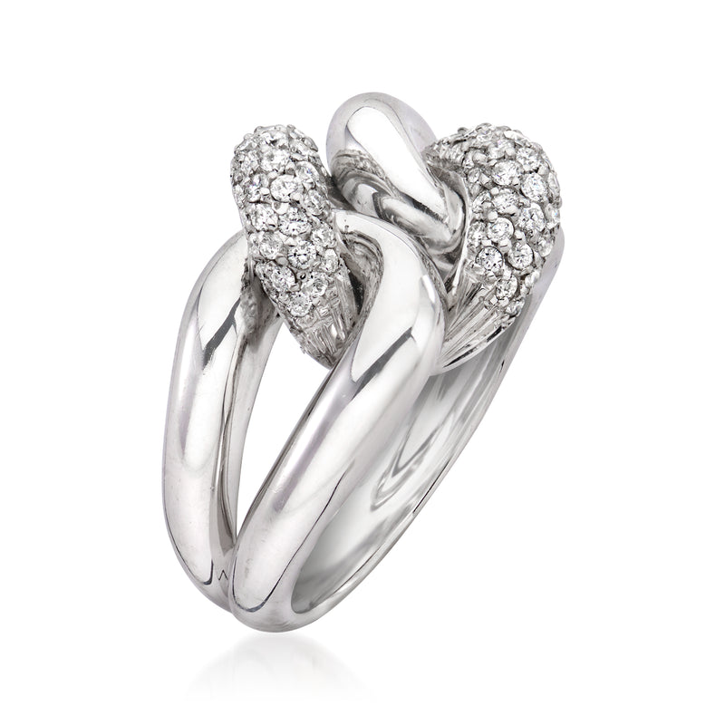 Diamond link ring in 18kt white gold, oval cluster settings with braided metal bands