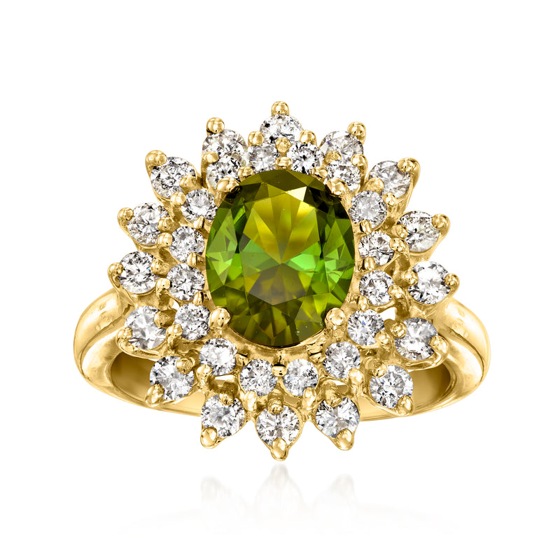 14k yellow gold ring with green tourmaline center and diamond halo, round stones