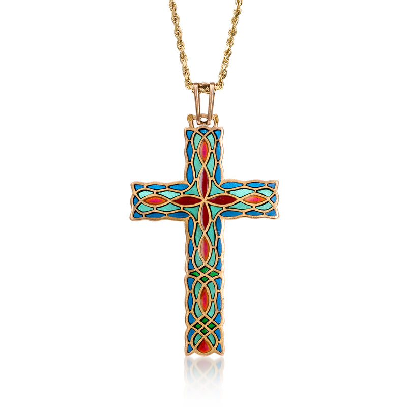 Vintage multicolored enamel cross pendant necklace with 14kt yellow gold chain